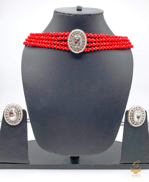 Dark Red Crystal Pearls With Silver Jerkan Stone & Pearls Pendant Choker Set
