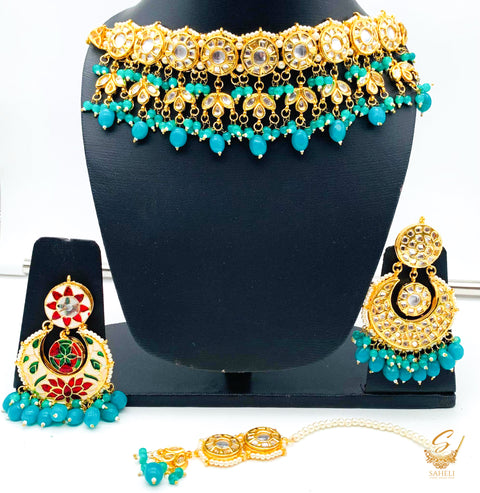 Original kundan meenakari work with teal green colour pearls necklace set  (backside of meenakari design displayed)