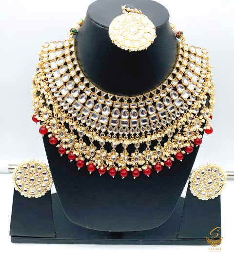 Kundan Stones With maroon Pearls With Moti Work Necklace with bigger size studs set