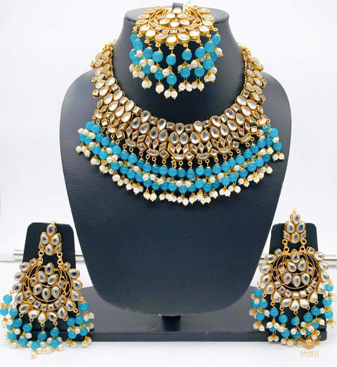 Dark firozi pearls with kundan beautiful necklace set