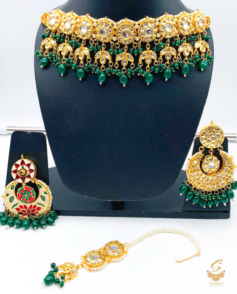Original kundan meenakari work with deep bottle green colour pearls necklace set  (backside of meenakari design displayed)