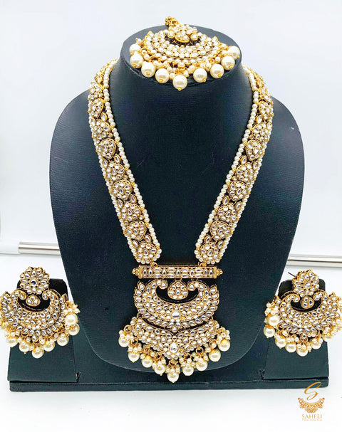 Kundan stone with white pearls beautiful  long necklace set