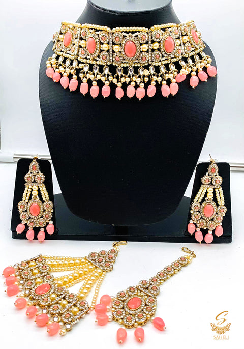 Neon peachy Pink stones with jerkan stones & moti work beautiful necklace set with pasa