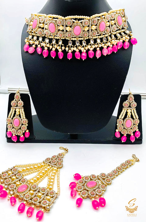 Hot Pink stones with jerkan stones & moti work beautiful necklace set with pasa