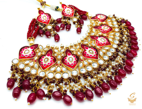 Dark Maroon  colour beautiful meenakari work with kundan stones & beads pearls necklace set