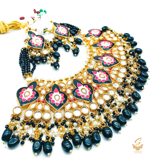 Black colour beautiful meenakari work with kundan stones & beads pearls necklace set