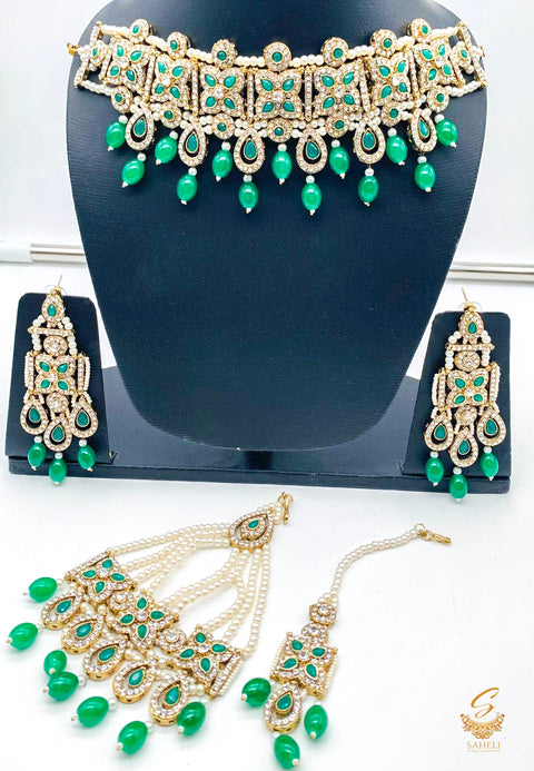 Bottle green  stones with jerkan stones & moti work beautiful necklace set with pasa