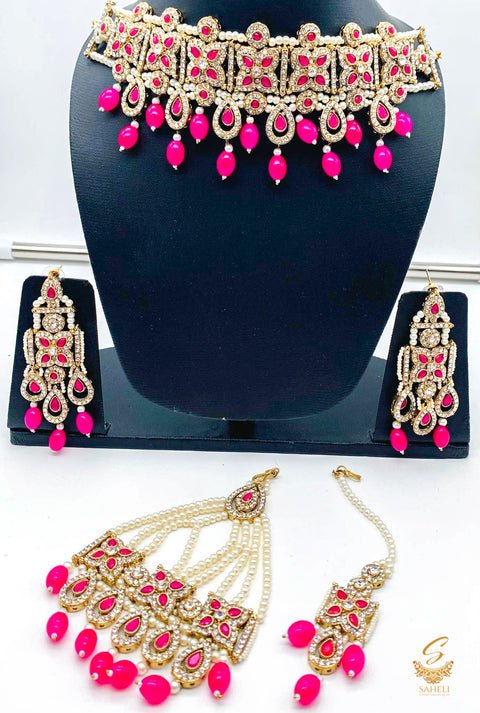 Mazenta Pink stones with jerkan stones & moti work beautiful necklace set with pasa