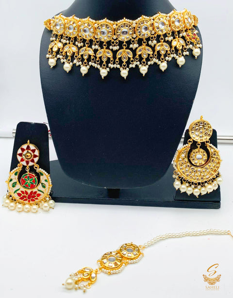 Original kundan meenakari work with white colour pearls necklace set  (backside of meenakari design displayed)