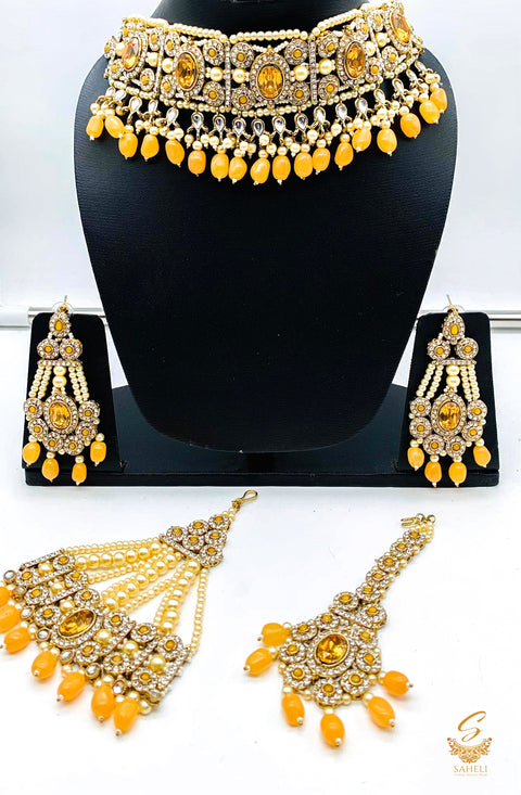 Mustard with golden stones with jerkan stones & moti work beautiful necklace set with pasa