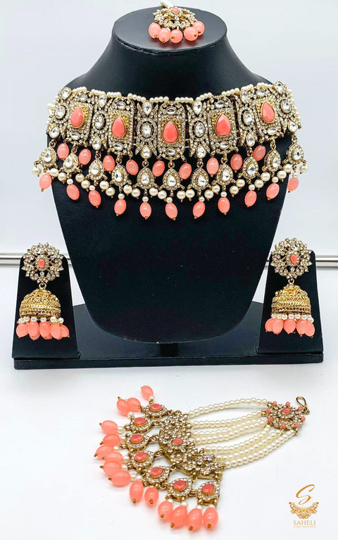 Peachy pink Stones With Jerkan Stones & Moti Work Beautiful Necklace Set With Pasa