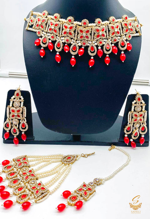 Red MAroon stones with jerkan stones & moti work beautiful necklace set with pasa