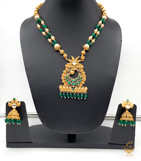 GREEN STONE PREMIUM GOLD PLATED LONG NECKLACE SET