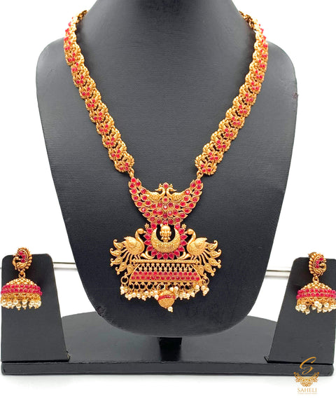RUBY PINK STONE PREMIUM GOLD PLATED LONG NECKLACE SET