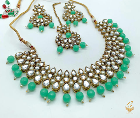 Sea foam  colour pearls with kundan stone beautiful necklace set