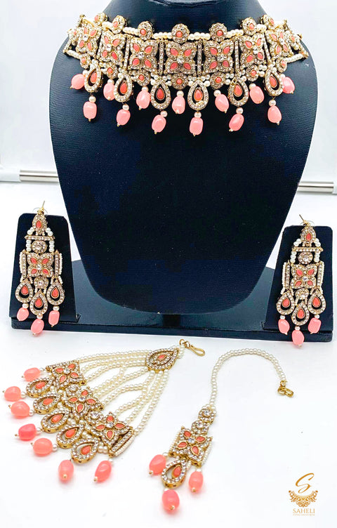 Peachy Pink stones with jerkan stones & moti work beautiful necklace set with pasa