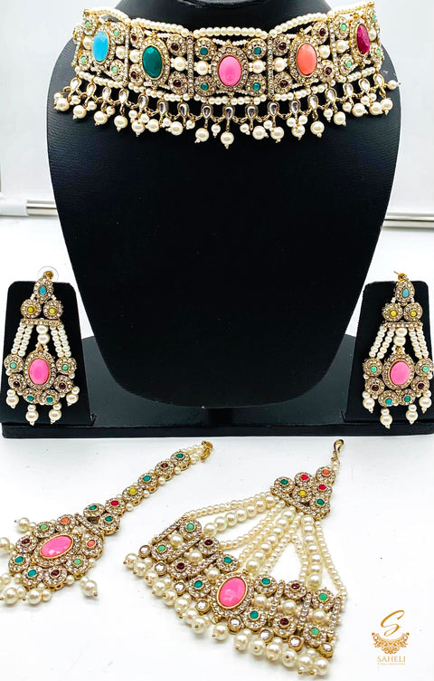 Multicoloured stones with jerkan stones & moti work beautiful necklace set with pasa