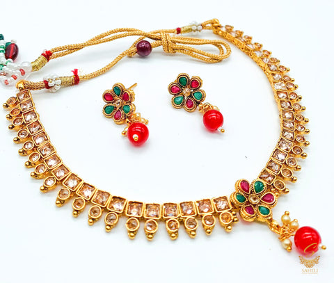 Small Size  south indian style Beautiful Gold Plated (Artificial) with polki stone Necklace Set
