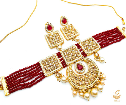 MAROON COLOUR WITH ORIGINAL POLKI STONE CHOKKER SET