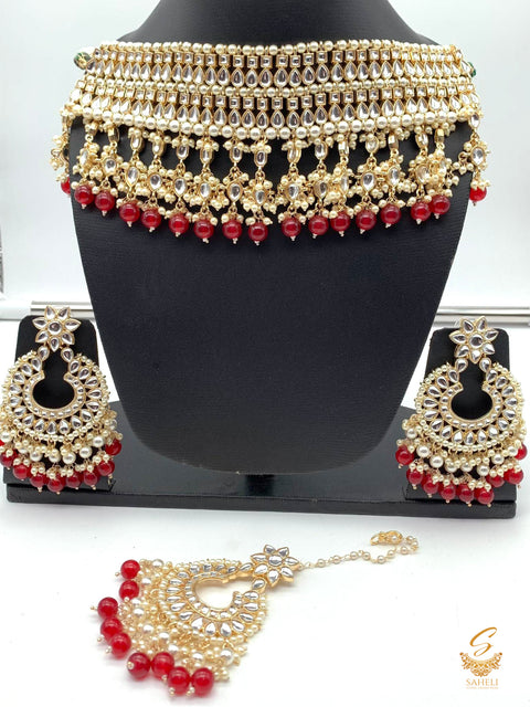 Kundan stones with deep maroon pearls with moti work necklace set