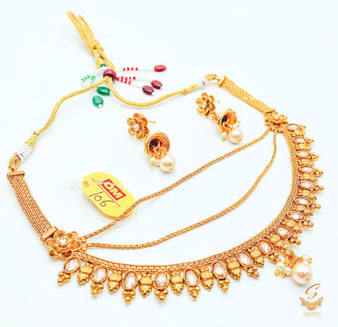 Small Size  south indian style Beautiful Gold Plated (Artificial) with polki stone Necklace Set