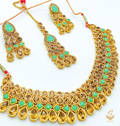 Seafoam green and golden stone beautiful necklace set