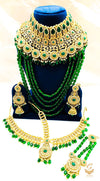 Polki stone and Bottle green colour stone with pearls Beautiful Bridal Necklace Set With Heavy Earrings ,Tikka , Matha Patti , pasa And 2 Hands Jwellery , Rani Haar& Nath
