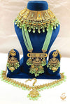 Pastel mint colour stone and polki stone Beautiful Bridal Necklace Set With Heavy Earrings ,Tikka , Matha Patti And 2 Hands Jwellery , Rani Haar , Side Pasa & Nath