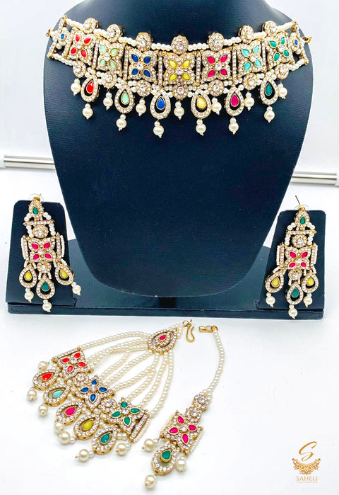 Multicoloured  stones with jerkan stones & moti work beautiful necklace set with pasa