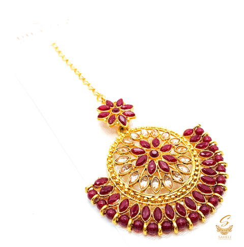 Dark Maroon colour pearls with golden stone beautiful tikka