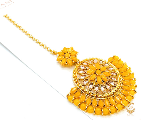Dark mustard colour pearls with golden stone beautiful tikka
