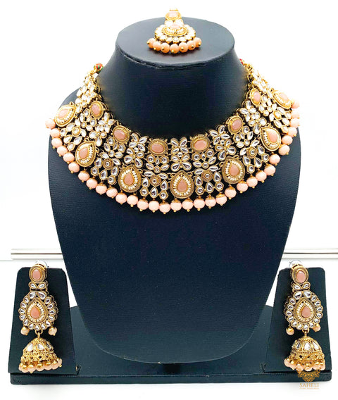 Kundan stone with rosegold pearls beautiful  necklace set