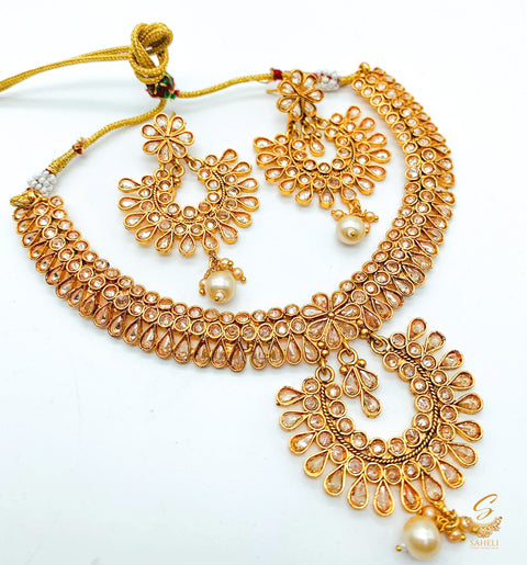 Small Size  South Indian Style Beautiful Gold Plated (Artificial) with polki stone Necklace Set