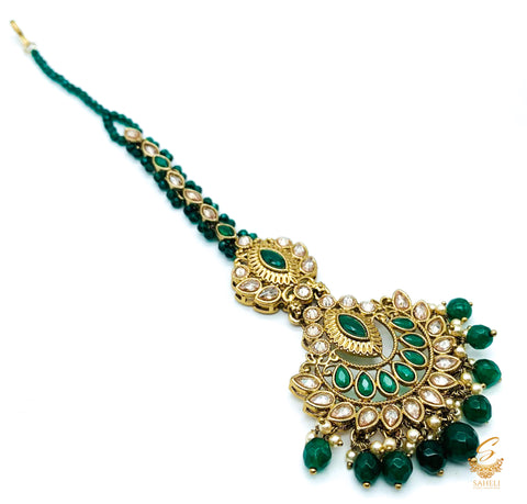 Deep green pearls & Stone with polki stone beautiful tikka