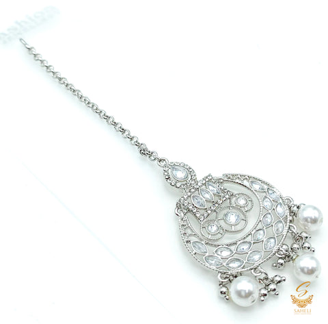 Polki stone with white pearls beautiful maang tikka