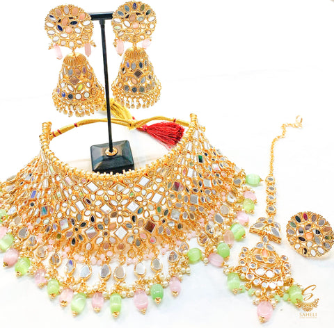 Pastel mint and pink colour original mirror work beautiful bridal necklace set with heavy earrings ,tikka and 2 adjustable rings