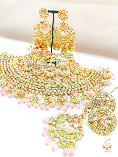 Pastel mint green and pink  colour beautiful meenakri work with original kundan stone with pearls Beautiful Bridal Necklace Set With Heavy Earrings ,Tikka , 2 rings