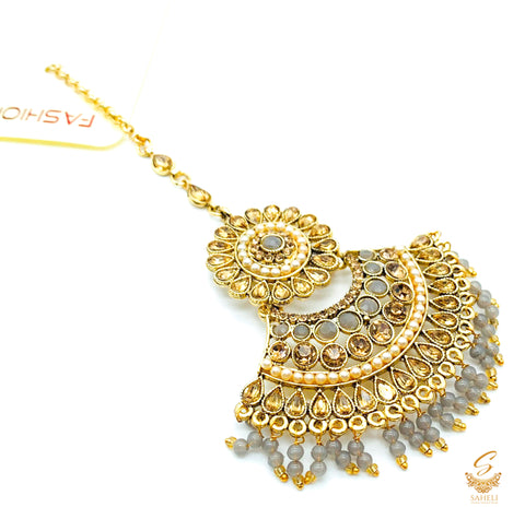 Grey colour pearls with golden stone beautiful tikka