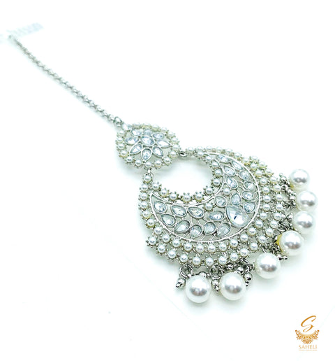 Polki stone with white pearls beautiful maang tikka