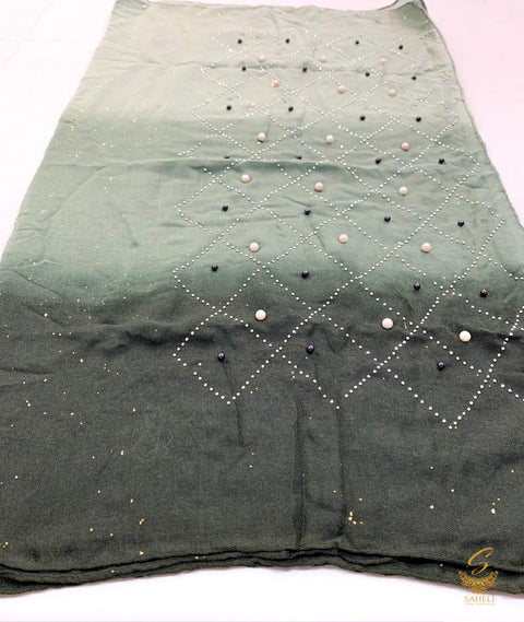 PAstel mint  & dark green shaded with stone work pure linen fabric beautiful hijab