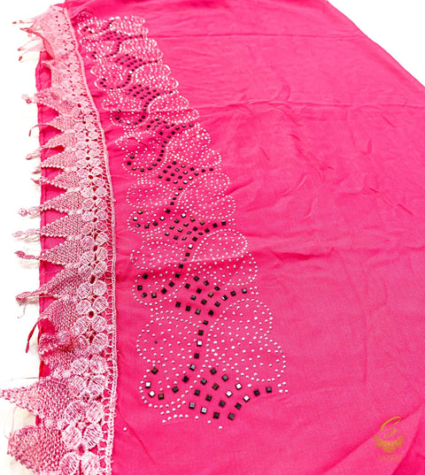 Hot pink colour pure rayon stone wrok with embroidered netting lace work beautiful hijab