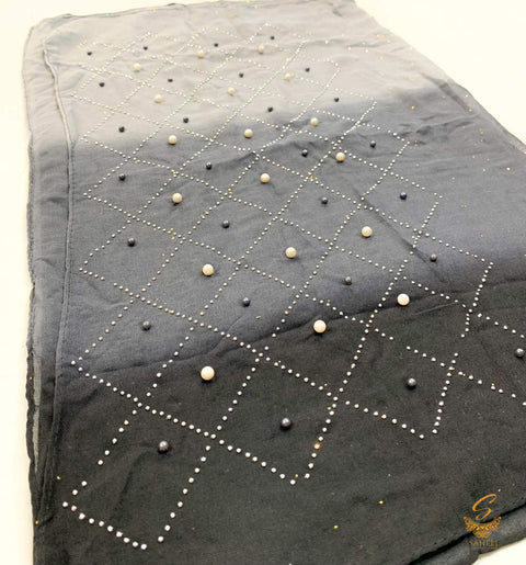 Lite grey  & dark grey shaded with stone work pure linen fabric beautiful hijab