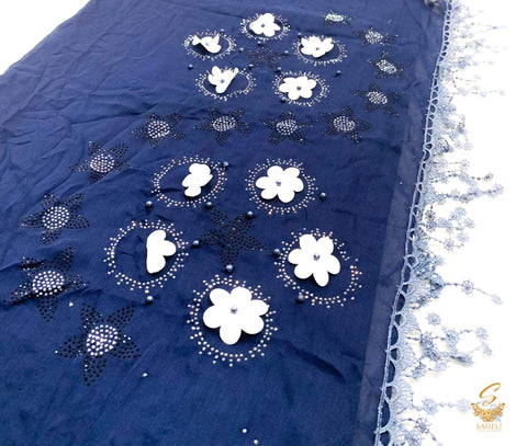 Nevi BLue colour pure linen based beautiful embroidered work netting design with stone work  hijab