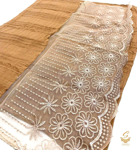 Dark brown  colour linen based beautiful embroidered work netting design hijab