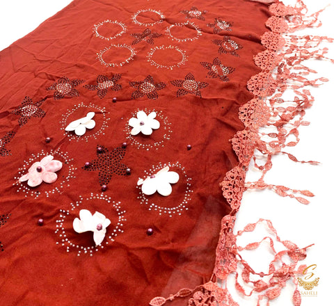 Maroon colour pure linen based beautiful embroidered work netting design with stone work  hijab