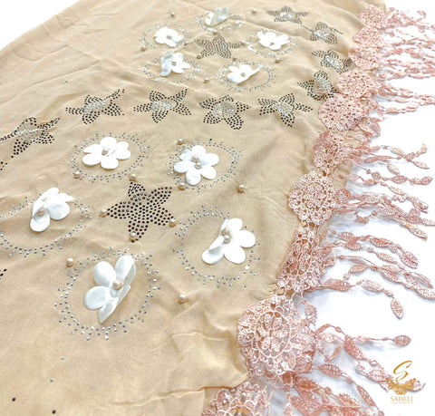Pastel rosegold colour pure linen based beautiful embroidered work netting design with stone work  hijab
