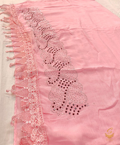 Baby pink  colour pure rayon stone wrok with embroidered netting lace worl beautiful hijab