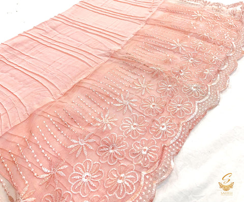Pastel peach colour linen based beautiful embroidered work netting design hijab