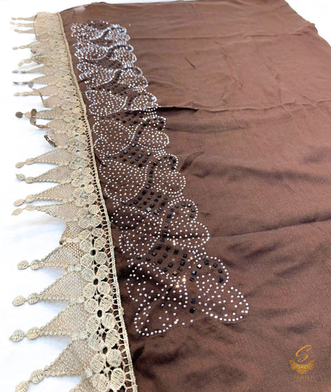 Dark chocolate brown colour pure rayon stone wrok with embroidered netting lace worl beautiful hijab