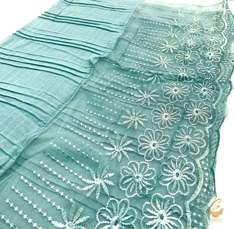 Green colour linen based beautiful embroidered work netting design hijab